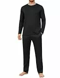 Crewhpo Schlafanzug Herren Lang Einfarbiger Pyjama mit Rundhalsausschnitt Langarm Baumwolle Schlafanzüge Männer Warm Zweiteiliger Nachtwäsche Loungewear Winter
