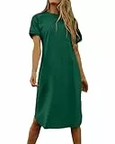Imily Bela Dame Tshirt Kleid Sommer Shirtkleid Baumwolle Kurzarm Rundhals Minikleider Freizeitkleid mit Taschen.Grün.L