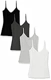 Amazon Essentials Damen Slim-Fit Knit V-Neck Layering Cami (erhältlich in Übergröße), 4er-Pack, Schwarz/Anthrazit Heide/Hellgrau Meliert/Weiß, Größe S