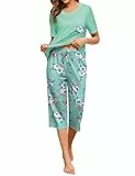 Namatime Schlafanzug Damen Pyjama Kurz Sommer Nachtwäsche Rundhals Oberteil und 3/4 Hose 2 Stück Baumwolle Sleepwear Grün Floral M