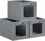 DIMJ 3 Stück Aufbewahrungsboxen, Faltbox mit Transparentem Sichtfenster, Faltbare Aufbewahrungskiste mit Griff, Ordnungsboxen Kleiderschrank Organizer für Kleidung, Bücher, Spielzeug (Grau)