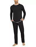 Aseniza Herren Schlafanzug Lang 100% Baumwolle Zweiteiliger Pyjama mit Unifarbenem Langarmshirt und Pyjamahose,Schwarz,M