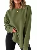 Fisoew Pullover Damen Rundhals Langarm Sweatshirts Seiten Schlitz Langarmshirts Elegant Basic Pulli Loose Tunika Tops Casual Oberteile Armeegrün L