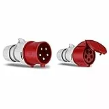 REV 0512540555 CEE-Stecker, 400V, 32A, 5-polig, 3Ph+N+PE, wasserdicht IP44, rot und REV 0512580555 CEE-Kupplung, 5-polig (3Ph+N+PE) IP44, 400V 32A, rot
