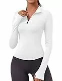 Rapbin Sport Oberteil Damen Gym Sport Top Langarm Shirts Leicht Fitness Oberteil mit Reißverschluss und Daumenloch Weiß M