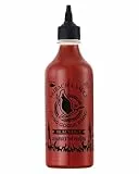 FLYING GOOSE Sriracha Chilisauce, mit extra Schärfe, extrem scharf, schwarze Kappe, extra scharfe Würzsauce aus Thailand, 1 x 455 ml