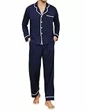 Reliwel Schlafanzug Herren lang mit Knopfleiste Baumwolle Pyjama Set Zweiteiliger Herrenschlafanzug Langarm Loungewear Männer Nachtwäsche Hausanzug Marineblau, L