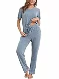 Wikoan Damen Pyjama Sommer Schlafanzug Damen Lang Kurzarm Nachtwäsche Zweiteiliger Rippenstrick Pyjama Set Sleepwear Lounge Set Hellblau M