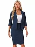 Allegra K Business Rock Anzug Set für Damen 2 Stück Büro Arbeit Outfit Kragenlos Blazer Bleistiftrock, marineblau, S