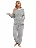 UMIPUBO Schlafanzug Damen Lang Pyjama Set Winter Thermo Fleece Kuschelig Hausanzug Weich Flauschig Locker Nachtwäsche Zweiteiliger Oberteile Langarm mit Warm Hosen Loungewear PJS für Frauen (Grau, L)