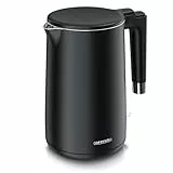 Arendo - Wasserkocher Edelstahl – 1,5 Liter - 2200 Watt – Doppelwand-Design – 360° Controller – BPA-frei – Überhitzungs- und Trockengehschutz - schwarz matt