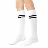 STEVEN Kniestrümpfe Damen I Extra Fein Gekämmter Baumwolle Kniehohe Socken I Lange Universelle Socken I Größe EU38, EU39, EU40 I Weiß mit Schwarz Streifen