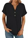 Cuptacc Tshirt Damen Sommer Kurzarm V-Ausschnitt Mit Knöpfen T-Shirt Basic Lockere Shirt Damen Einfarbiges Oberteil Freizeit Schwarz XXL