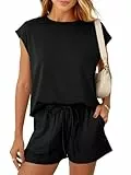 REORIA Damen Rundhalsausschnitt Jogginganzug Kurzarm Zweiteiler Trainingsanzug Hausanzug Sport Set Elegantes Outfit Lounge Set Schwarz S