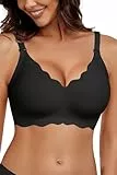 HORISUN Drahtlose BHS für Damen, ohne Bügel, V-Ausschnitt, Bralettes mit Unterstützung, Komfort, glättender T-Shirt-Nahtlos-BH (Schwarz L)