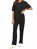 Famulily Schlafanzug Damen Sommer Pyjama Lang Kurzarm Freizeitanzug Loungewear Hausanzug Weites Bein Zweiteiler Set Outfit mit Taschen (XXL,Schwarz)