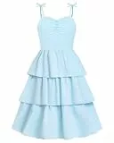 JiAmy Mädchen Kleider Ärmelloses Sommerkleid Swing A-Linie Trägerkleid Kinder Festliches Freizeitkleid für 7-8 Jahre Hellblau
