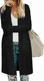 Fisoew Damen Strickjacke Open Front Langarm Cardigan Leicht Strickmantel Lang Pullover mit Taschen,Schwarz,M