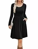 Zeagoo Kleider Damen Langarm Freizeit Einfarbig Rundhals Midikleid Lose A-Linie Kleid mit Tasche Frühling und Herbst Schwarz M 38