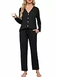 Wikoan Schlafanzug Damen Lang Baumwolle mit Knopfleiste Pyjama Winter Weiche Nachtwäsche Schlafanzüge für Frauen Zweiteiler Pyjama Set Schwarz L