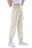Rolanko Kinder Cargo Hose Elastische Taille Jogger Hose für Mädchen Street Hip Hop, Beige, Größe:170