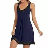 Xuepelit Nachthemd Damen Sexy Spitze Sommer Unterkleid für Frauen Nachtwäsche Nachthemden Baumwolle Unterkleider,Blau L