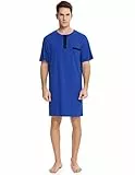 Enjoyoself Herren Nachthemd Kurzarm Baumwolle Einteiliger Schlafanzug Luftig Lang Nachtwäsche Shirt mit Knopfleiste Praktisch Sleepshirt Blau,XXL