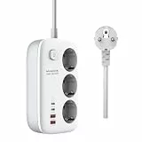 Steckdosenleiste mit 65W USB C Ladegerät, 3-Fach Mehrfachsteckdose mit Schalter, GaN USB C Netzteil für iPhone, iPad, MacBook Air/Pro, Galaxy, Huawei, Switch, Dell Laptop. 2M Kabel, Weiß