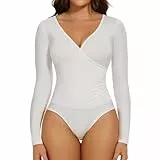 Joyshaper Damen Body Elegant Sexy V-ausschnitt Bodysuit Langarm Bodies Long Sleeve Oberteil Tops Langarmshirt für Frauen Weiß XL