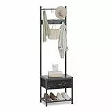 Leader Accessories Garderobenständer mit Bank Platzsparendes Design Metallgarderoben rustikal Kleiderständer 154x30x45cm (HxTxB) Schwarz/Schwarze Holzmaserung