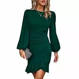 TcIFE Damen Kleid Freizeitkleid Rundhals Langarm Bodycon Rüschenkleid Kurz Enges Mini Kleider Klassic Casualkleid Elegant Frauen, Grün, XL