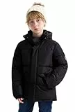SOLOCOTE Große Jungen Winter Dicke Mäntel Kinder Puffy Fleece Schwergewicht Wasserabweisende Jacke mit Kapuze Gerippten Bündchen und Taschen für Kinder Schwarz 146-152