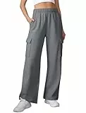 Glacspyg Damen Hose Lang Sporthose Fitness High Waist mit Elastischem Bund und Taschen Freizeithose Lockere Hosenbeine Hanf grau S