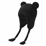 Durio Baby Wintermütze Strickmütze – Unisex Baby Mütze Mädchen Kinder Caps Jungen mit Bommel und Ohrschutzdesign Fleecefutter Beanie Mütze Schwarz 1-2 Jahre