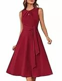 GRACE KARIN Ärmelloses Midikleid für Damen elastisches Rundhalskleid Plissiertes Cut-Out mit Gürteltaschen Leuchtend rot L