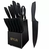 BFYLIN Messer set, 15 Teiliges Küchenmesser set mit Holzblock, Messer block set mit Antihaftbeschichtung,Santokumesser Kochmesser Brotmesser Schälmesser Steakmesser Anspitzer (15 Stücke Set)