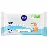 NIVEA Baby AQUA Feuchttücher, Baby Feuchttücher zur sanften Reinigung empfindlicher Haut, hypoallergene und parfümfreie Feuchttücher für Babys mit 99% Wasser (1 x 57 Stück)
