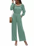 Jumpsuit Damen Sommer Lang Rüsche Ausschnitt Hohe Tailliert Einteiler Weites Bein Herbst Outfit Freizeit Overall mit Tachen Graugrün XL(50-52)