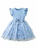 JiAmy Mädchen Tüllkleider Blumenstickerei Rüschenärmeln Schleife Prinzessin Kleid Kinder Festlich Geburtstag Hochzeit für 4-5 Jahre,Blau