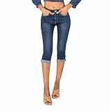 Nina Carter P132 Damen Capri Skinny Fit Jeanshosen HIGH Waist Jeans Used-Look Waschungseffekt, Dunkelblau (P132-1), M