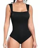 STARBILD Shapewear Damen Bauchweg Tanga, Bodysuit Eng Nahtlos Ärmellos, Formende Bodys Gerippte Jumpsuit Thong, Eckigem Ausschnitt - Schwarz S