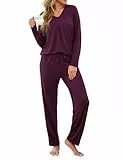 Uniexcosm Schlafanzug Damen Lang Zweiteiler Herbst Winter Pyjama Set Baumwolle V-Ausschnitt Nachtwäsche und Pyjamahose Loungewear Dunkelfuchsia L