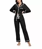 COLORFULLEAF Schlafanzug Damen Lang Baumwolle mit Knopfleiste Langarm Pyjama Set Nachtwäsche Schlafanzüge für Frauen Zweiteiler(Schwarz,XL)