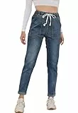 Alaster Queen Jeans Damen Mid Waist Kordelzug Jean Freizeit Jean Bequeme Boyfriend Jeans Damen Mittelblau S