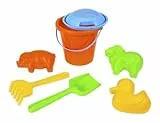 Lena 05416 Happy Sandset, Strandspielzeug 7-teilig, Sandgarnitur mit Eimer, Sieb, Mehlschaufel, Harke, Lamm-Förmchen, Enten-Förmchen und Schwein-Förmchen, Sandspielzeug für Kinder ab 12 Monaten