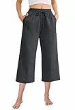 Fourindo Leinenhose Damen 3/4 Weites Bein Sommerhose Damen Leicht Hohe Taille Stoffhose mit Taschen Bequeme Causal Locker Sommer Hosen