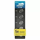 ABSINA Knopfzellen CR2032 3V Lithium 5er Pack - Batterien CR 2032 auslaufsicher & mit Langer Haltbarkeit - Batterie für Autoschlüssel und vieles mehr