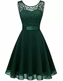 Berylove Damen Spitzenkleid Brautjungfer Elegant Party Knielang Cocktailkleid Chiffon Ärmellos BLP7005B-DarkGreenL