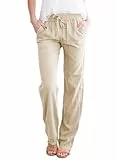 Tincini Leinenhose Damen Hose Sommer Musselin Leinen Hosen Stoffhose Einfarbig Freizeithose Gerade Geschnitten Strandhose Sommerhose mit Taschen (Khaki, S)