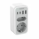 TESSAN Doppelstecker für Steckdose, Steckdosenadapter mit USB C, Mehrfachstecker für Steckdose 3600W, Doppelsteckdose für Phone und Haushaltsgeräte, Mehrfachsteckdose mit 4 USB, Grau